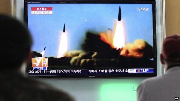TV images of North Korean short-range rocket launches. 23 March 2014