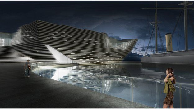 V&A Dundee exterior by night