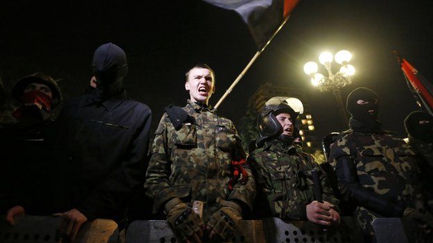 Activists of the Right Sector movement and their supporters gather outside the parliament building to demand the immediate resignation of Internal Affairs Minister Arsen Avakov, in Kiev on 27 March 27, 2014.