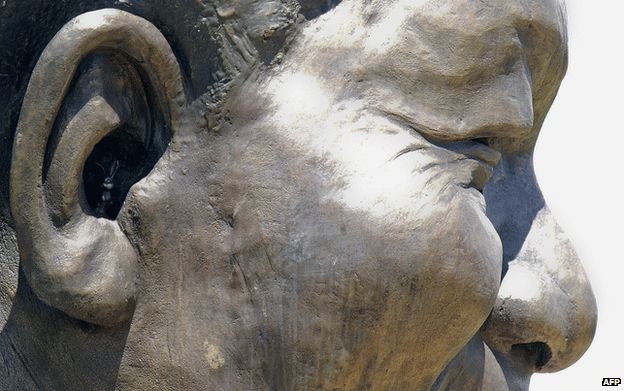The rabbit inside the ear of Nelson Mandela's statue in Pretoria, January 2014