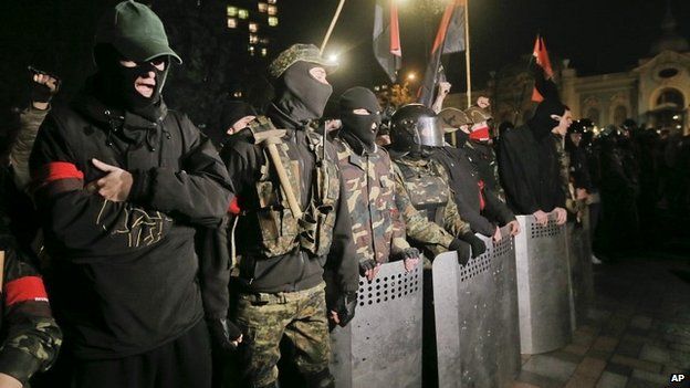 Right Sector members protesting outside the parliament building in Kiev - 27 March 2014