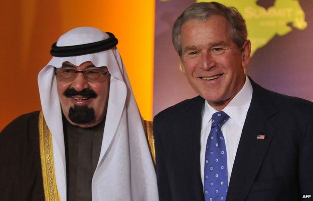 George W Bush poses with Saudi King Abdullah during the Summit on Financial Markets on November 15, 2008 in Washington DC