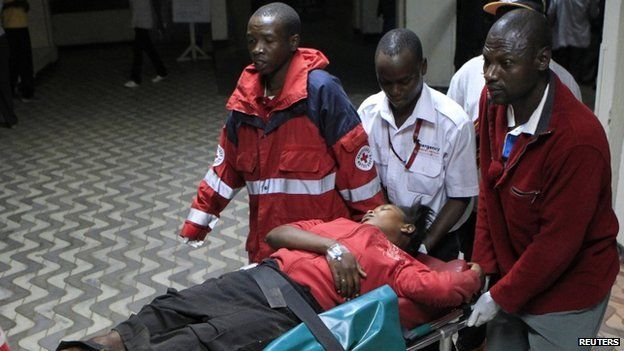 A wounded victim arrives at Kenyatta National Hospital in Nairobi (31 March)