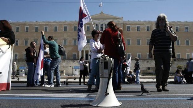 A loudspeaker is seen in front of the Greek parliament during a rally in Athens, on 19 March 2014