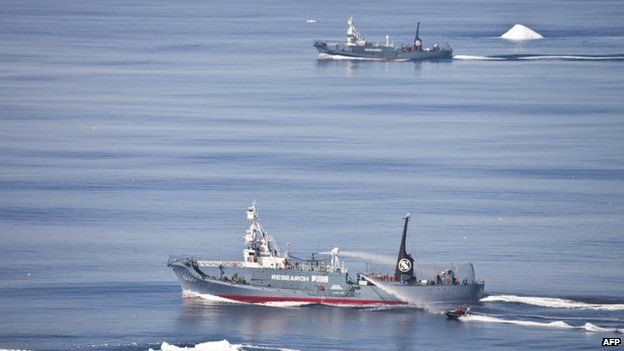 File photo: Japanese whaling vessels Yushin Maru #2 and Yushin Maru #3, with activist group Sea Shepherd's Zodiac boat (bottom right) during clashes in the Southern Ocean, 1 January 2011