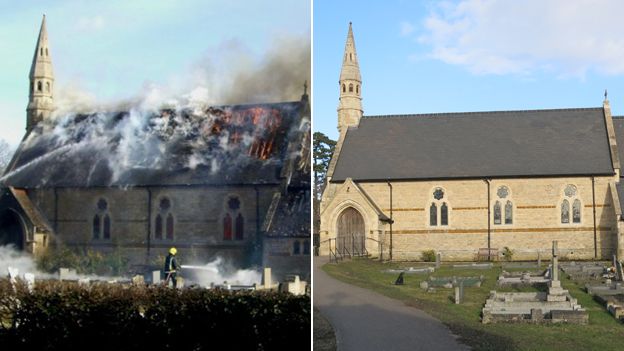 St Mary's Church, Westry, March, before and after fire