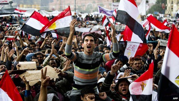 Anti-Mubarak protesters in Tahrir Square in Cairo on 10 February 2011