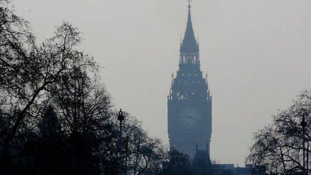 The Elizabeth Tower through the haze of pollution in London on Wednesday