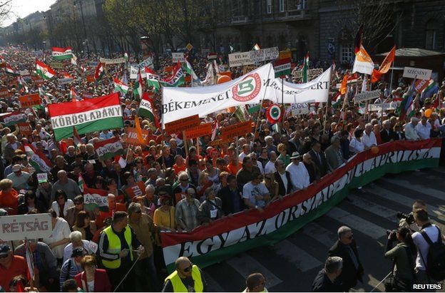 A march in support of Hungarian Prime Minister Viktor Orban's ruling Fidesz party in Budapest, 29 March