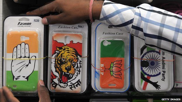 Mobile phone covers featuring various Indian political parties (3 April)
