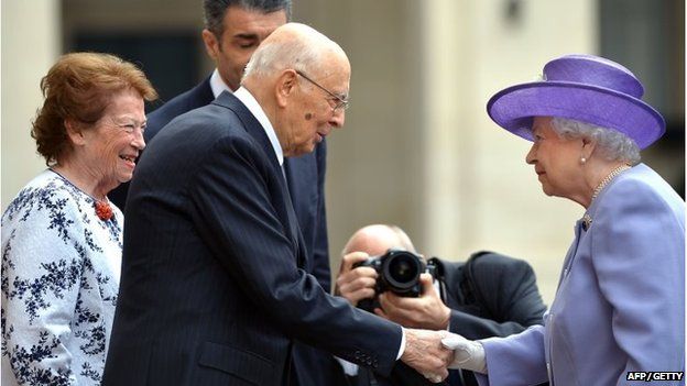 The Queen shakes hands with the Italian President Giorgio Napolitano at the Quirinal Palace