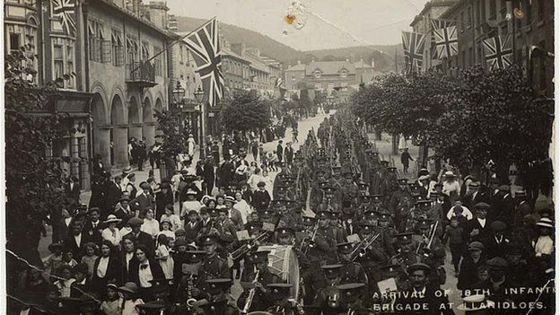 Arrival of the 18th Infantry Brigade in Llanidloes in 1914