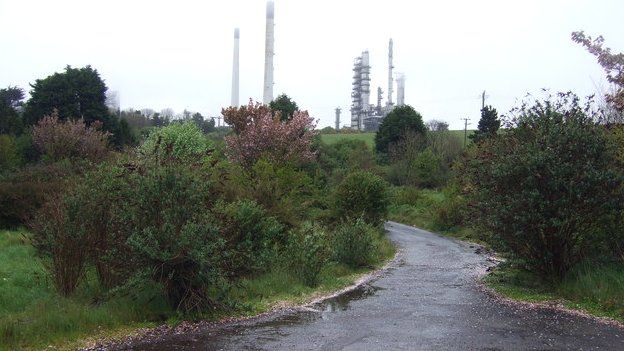 Valero oil refinery in Pembrokeshire as seen from a country lane