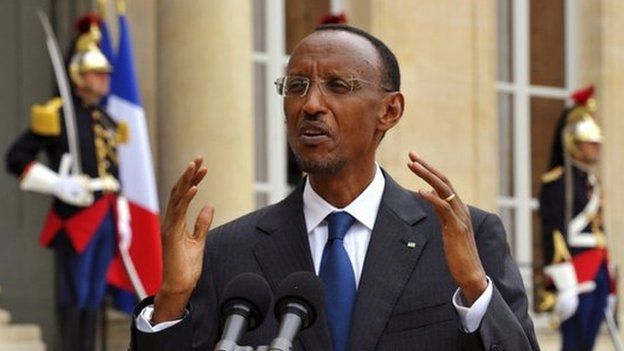 File photo of Rwanda's President Paul Kagame speaking to journalists in the courtyard of the Elysee palace in Paris