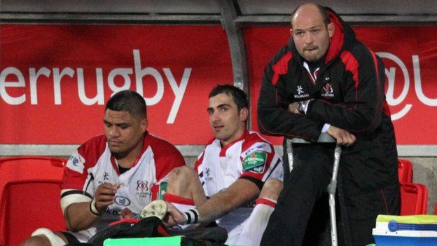 Nick Williams, Ruan Pienaar and Rory Best watch the Heineken Cup quarter-final from the dugout after being forced off the field