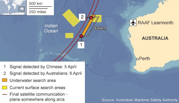 Map showing area of current search for missing plane