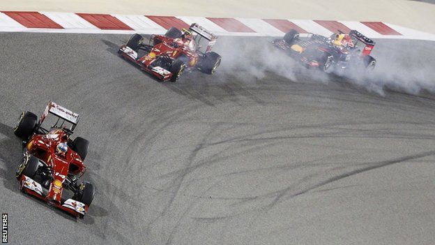 Fernando Alonso leads fellow Ferrari driver Kimi Raikkonen at the Bahrain GP