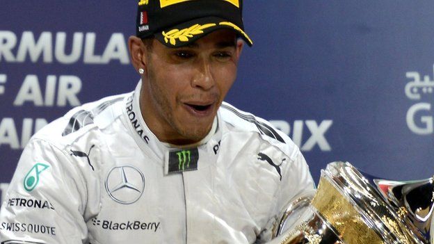 Lewis Hamilton on the podium in Bahrain