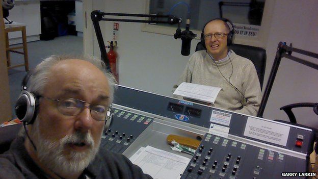 Selfie of Garry and Richard presenting a show on Hospital Radio Barnet