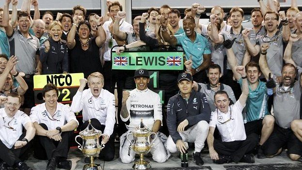 Mercedes celebrate coming first and second at the Bahrain Grand Prix