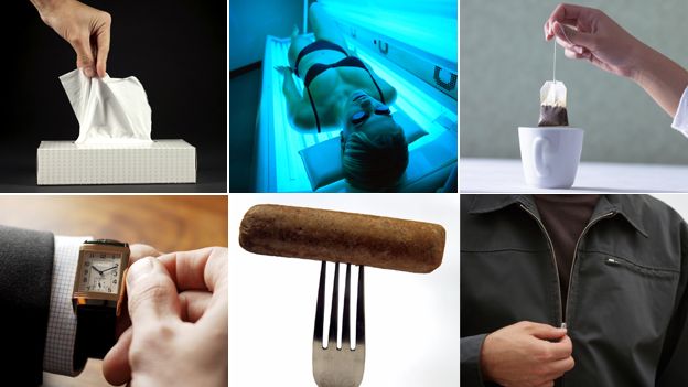 WW1 inventions (clockwise from top left): paper tissues; sun lamp; tea bag; zip; vegetarian sausage; wristwatch