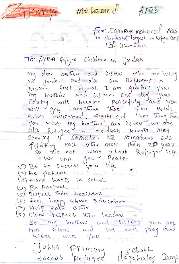 A letter from a Somali refugee to a Syrian child. Includes a list advising to "be patient", "respect their teachers" "help each other".
