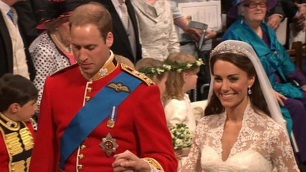 The Duke and Duchess of Cambridge walking down the aisle in Westminster Abbey