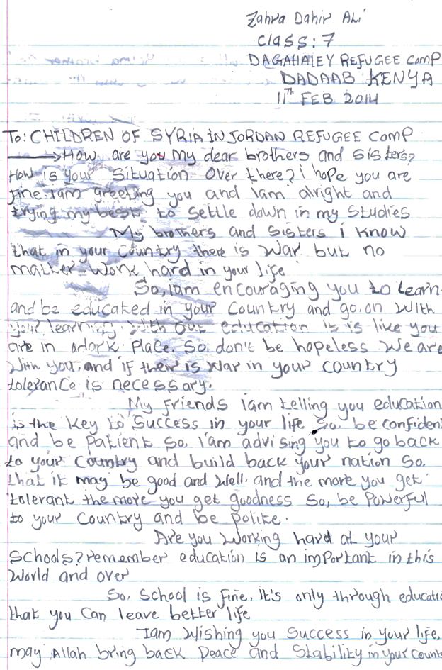 The front of Zahra's letter, advising the Syrian refugees to work hard and "be polite"