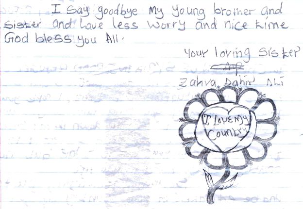 Zahra's letter on the back, which included a drawing of a flower with the words "I love my country"