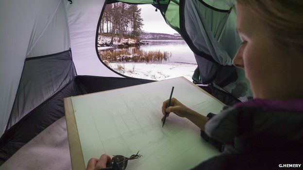 Sarah Simblet sketching a scene from a tent (Image: Gabriel Hemery)