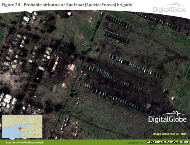 Satellite image taken 22 March 2014, and provided by Supreme Headquarters Allied Powers Europe (SHAPE) on 9 April 2014, shows what is purported to be a Russian military airborne or Spetznaz (Special Forces) brigade at Yeysk, near the Sea of Azov in southern Russia