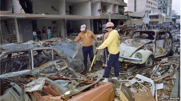 The aftermath of a car bomb attack in Lima in 1992, blamed on Shining Path guerrillas