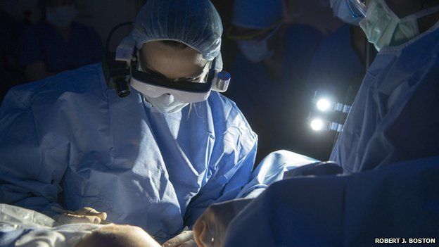 Surgeon wearing goggles during operation