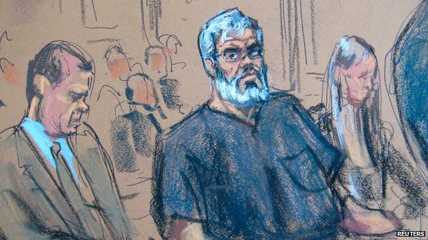 A courtroom sketch of Abu Hamza appearing in a New York court in March 2014