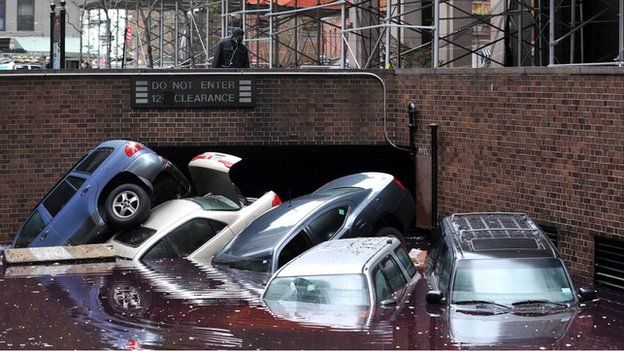 Cars piled up in New York in the aftermath of Hurricane Sandy