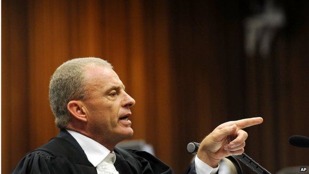 State prosecutor Gerrie Nel during cross questioning of Oscar Pistorius on 10 April