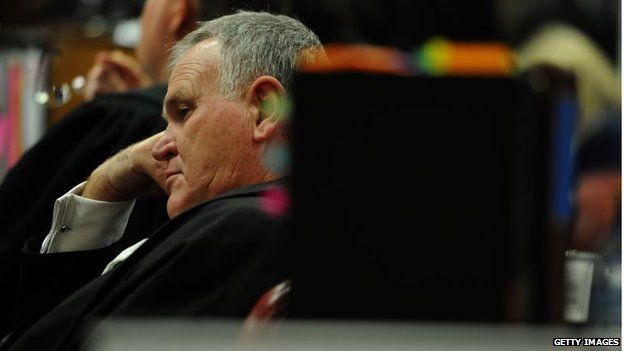 Defence Council Barry Roux listens to Mr Pistorius' testimony in the Pretoria High Court on 10 April