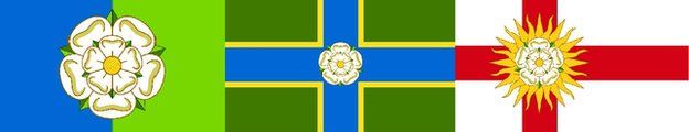 County flags for Yorkshire's East Riding, North Riding and West Riding