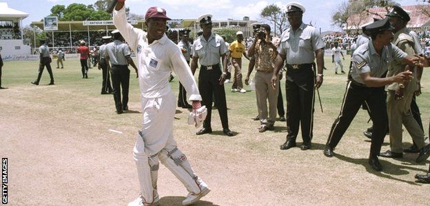 West Indies batsman Brian Lara celebrates world record 375