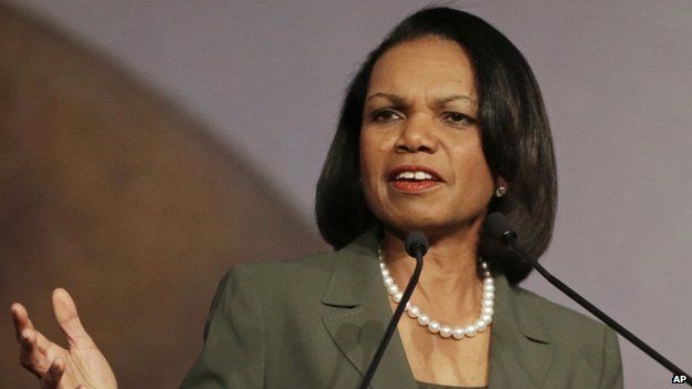 Condoleezza Rice gestures while speaking at the California Republican Party 2014 Spring Convention