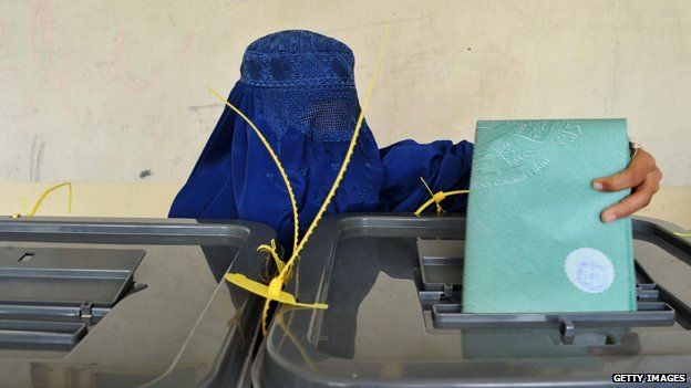Afghan woman in burqa casting vote in election