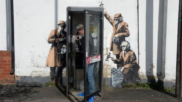 PA Banksy's Spy Booth artwork in Cheltenham