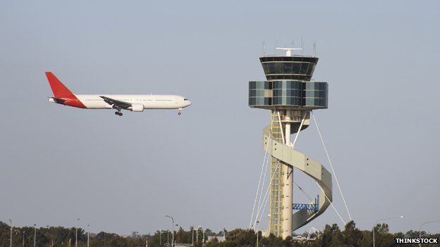 Air traffic control tower and plane