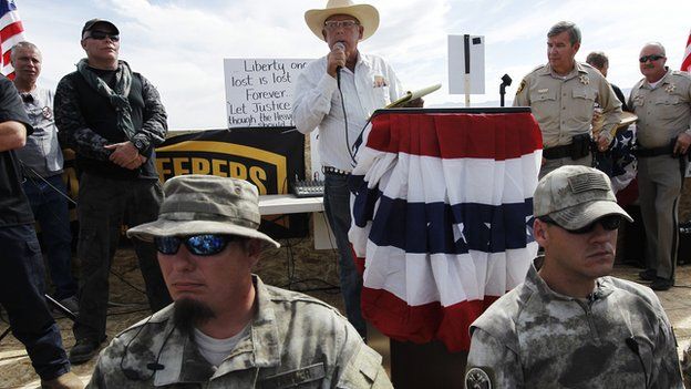 Nevada rancher Cliven Bundy addresses a crowd of protestors near his ranch on 12 April, 2014.