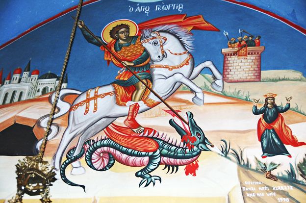 A painting of St George spearing a dragon