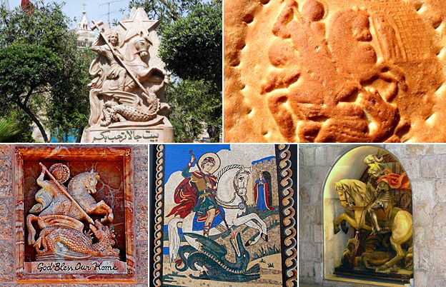 photos of the image of St George on statues, a mosaic, and bread