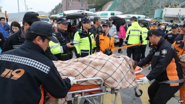 Rescued passengers are brought to land in Jindo after a South Korean ferry carrying 476 passengers and crew sank on its way to Jeju island on 16 April 2014