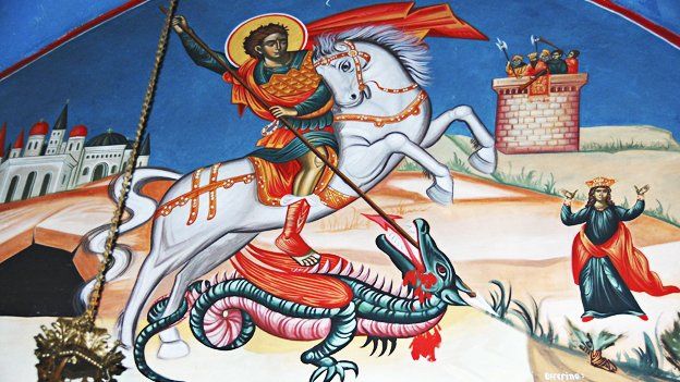 A painting of St George spearing a dragon
