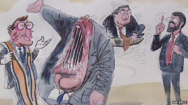 Ian Knox's depiction of David Trimble, Ian Paisley, John Hume and Gerry Adams in the 1990s