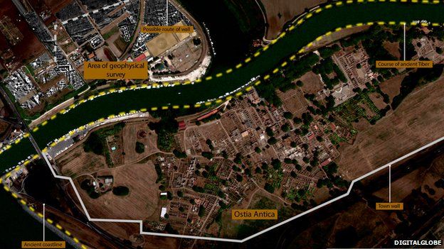 Satellite image that shows a new section of the boundary wall of the river port of ancient Rome which scientists say proves that the city was much larger than previously estimated